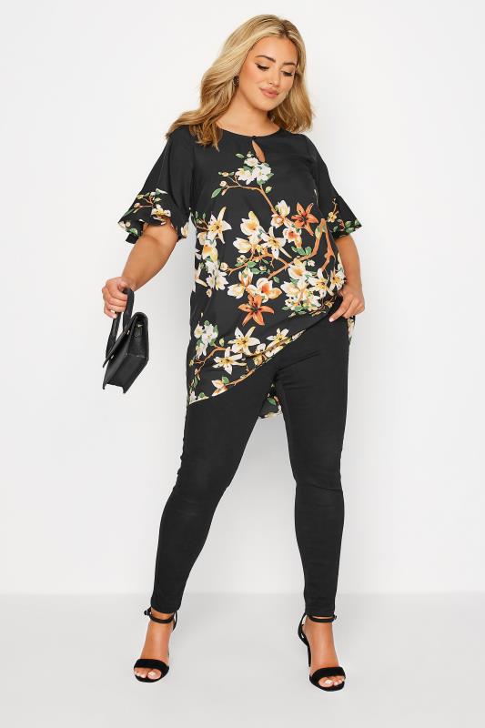 Curve Black Floral Frill Sleeve Top 2