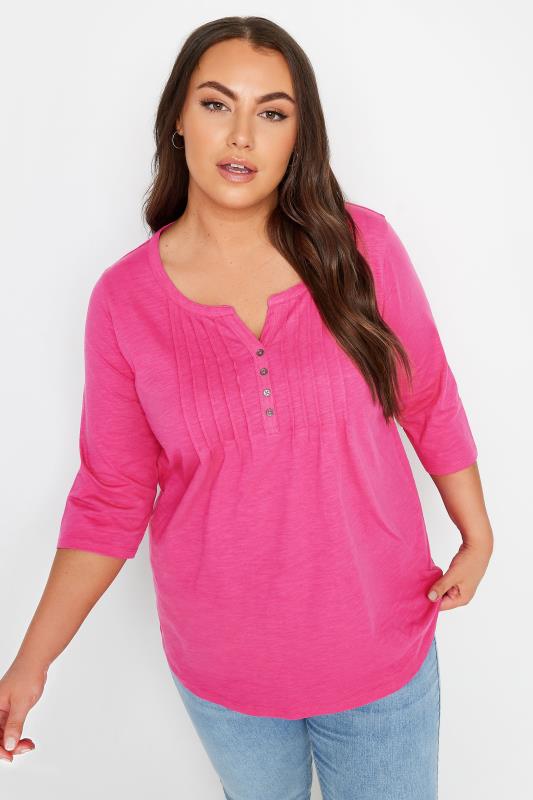 Plus Size  YOURS Curve Bright Pink Pintuck Henley Top