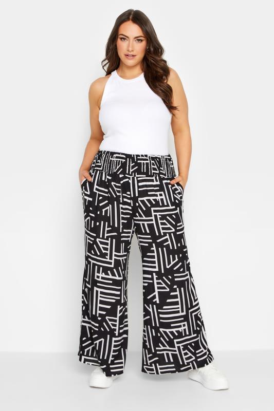 YOURS Plus Size Black Geometric Print Shirred Waist Wide Leg Trousers | Yours Clothing 2