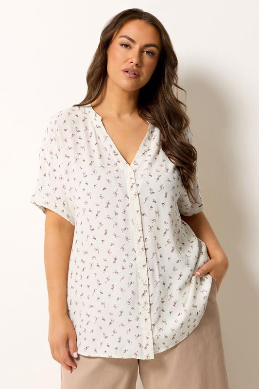  YOURS blusa en blanco marfil con plumeti de florecillas y cuello con muesca