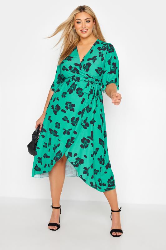 YOURS LONDON Plus Size Bright Green Leopard Print Midi Wrap Dress | Yours Clothing 1