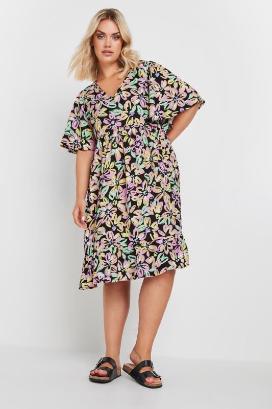 YOURS Plus Size Black & Pink Floral Print Smock Dress | Yours Clothing 3