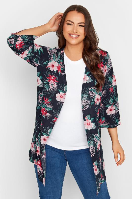 YOURS Plus Size Navy Blue Tropical Crochet Back Kimono | Yours Clothing 2