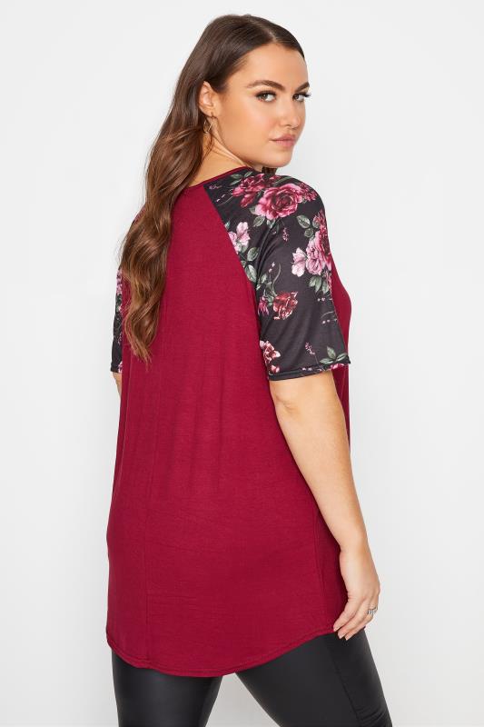 Curve Berry Red Floral Raglan Sleeve T-Shirt 3