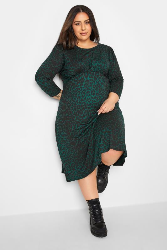  Grande Taille PixieGirl Dark Green Leopard Print Midi Dress
