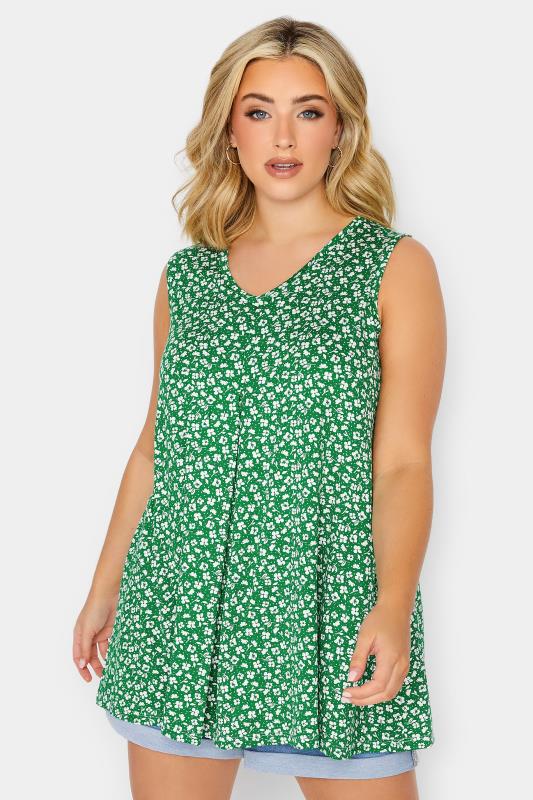YOURS Plus Size Green Floral Print Pleat Front Vest Top | Yours Clothing 1