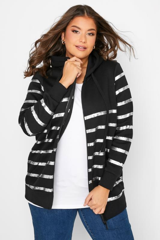 Womens Plus Size Curve Black & Silver Stripe Zip Hoodie | Yours Clothing 1