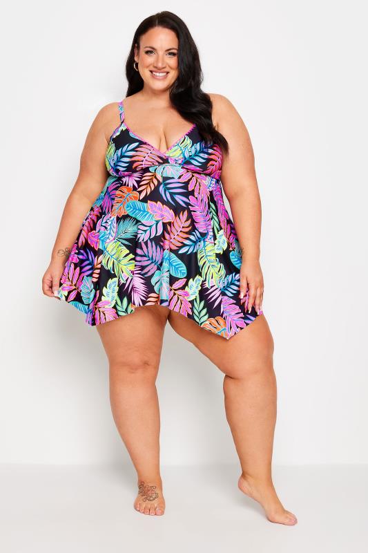 YOURS Plus Size Black Tropical Print Tummy Control Swimdress | Yours Clothing 3
