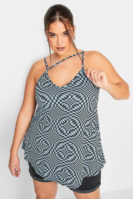 LIMITED COLLECTION Plus Size Blue Checkerboard Print Strap Detail Cami Top | Yours Clothing  1
