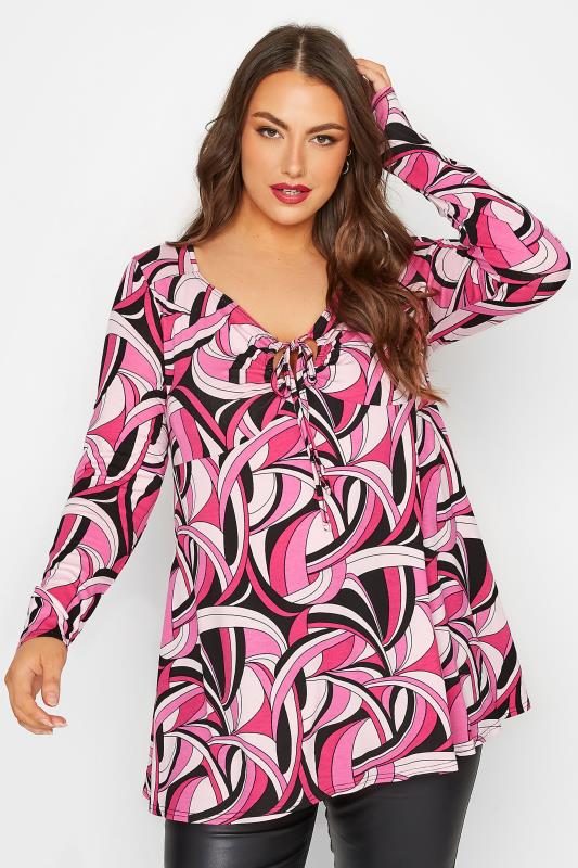 LIMITED COLLECTION Plus Size Pink Abstract Print Keyhole Tie Swing Top | Yours Clothing 3