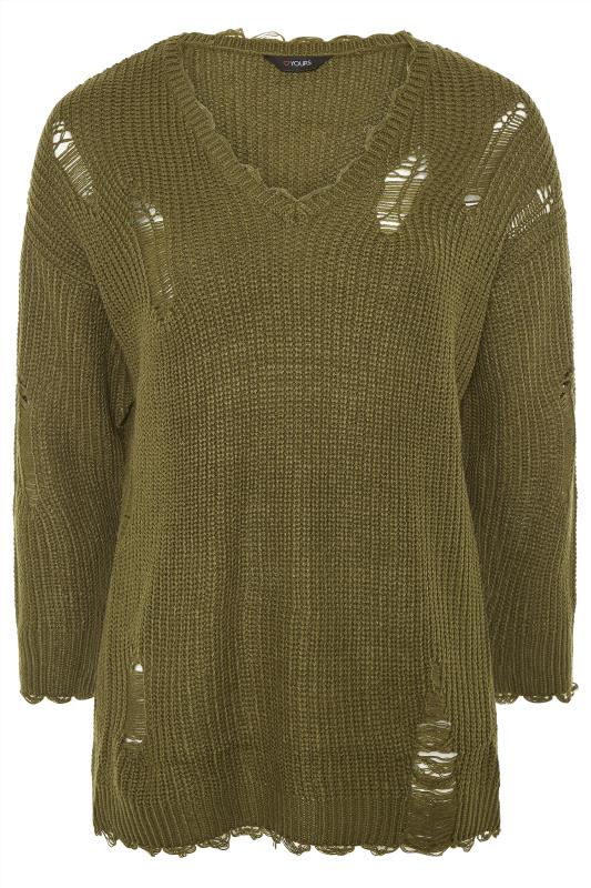 Khaki Distressed Knitted Jumper | Yours Clothing