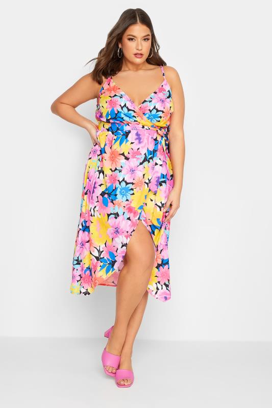 LIMITED COLLECTION Plus Size Purple Floral Print Strappy Wrap Dress | Yours Clothing 1