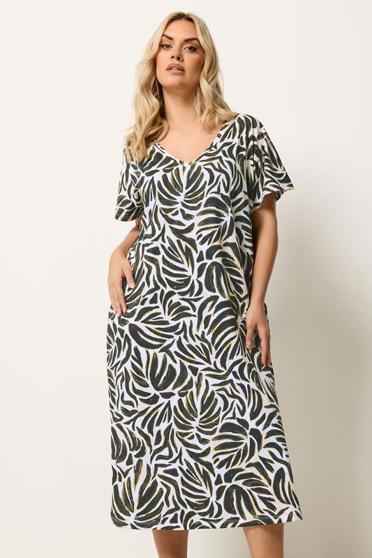  YOURS Vestido con estampado de hojas en marrón natural y verde