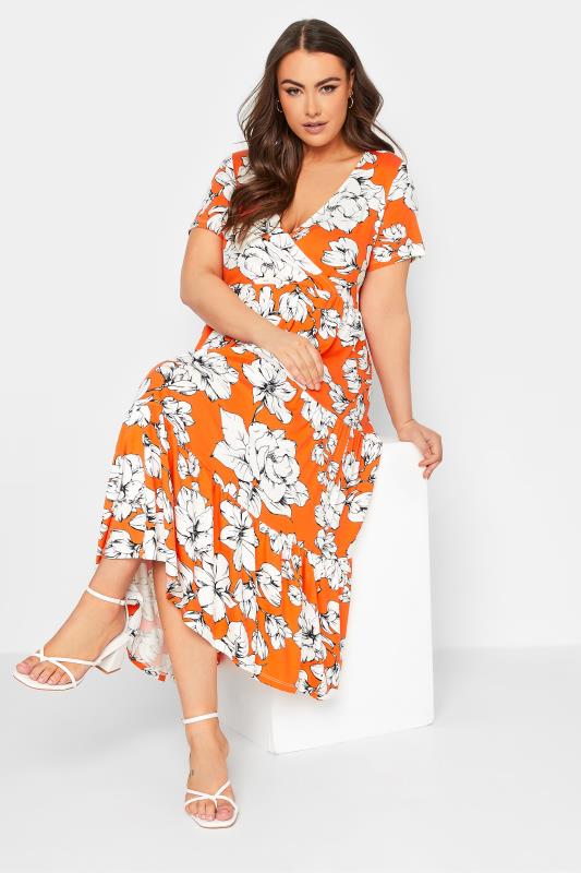 YOURS Plus Size Orange Floral V-Neck Tiered Wrap Dress | Yours Clothing 2