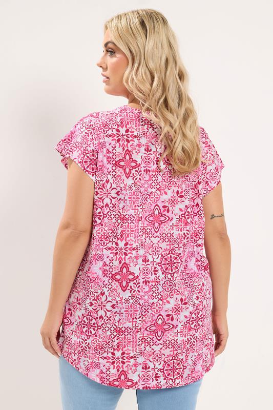 YOURS Plus Size Pink Tile Print Grown On Sleeve T-Shirt | Yours Clothing 2