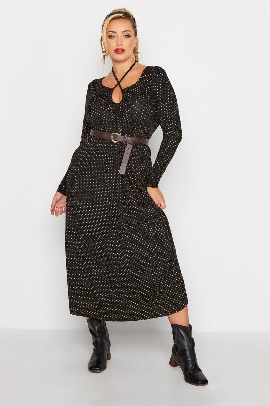 LIMITED COLLECTION Plus Size Black Polka Dot Keyhole Tie Neck Midaxi Dress | Yours Clothing 2