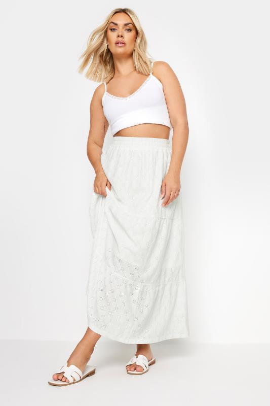 YOURS Plus Size White Broderie Anglaise Tiered Maxi Skirt | Yours Clothing 3