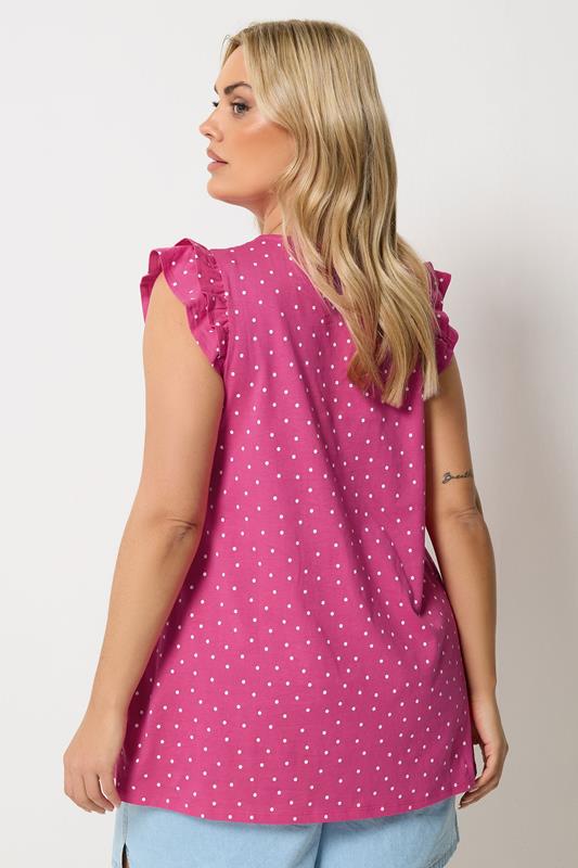YOURS Plus Size Pink Polka Dot Frill Sleeve Vest Top | Yours Clothing 2
