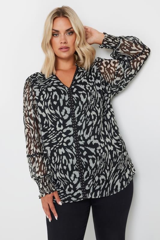 YOURS Plus Size Black Leopard Print Stud Trim Blouse | Yours Clothing  1