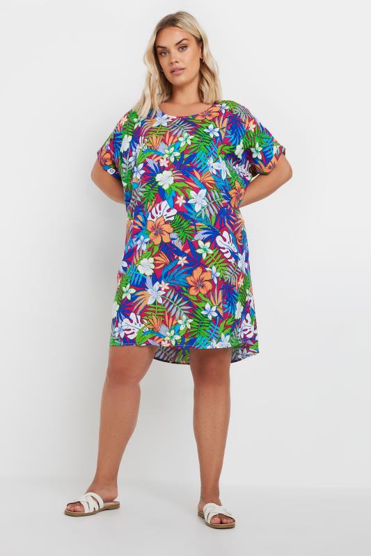 YOURS Plus Size Blue & Green Tropical Print Tunic Dress | Yours Clothing 2