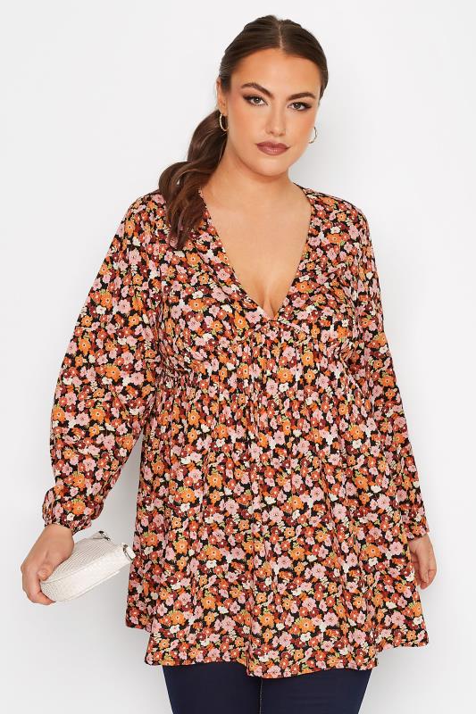 Plus Size  LIMITED COLLECTION Curve Orange Floral Long Sleeve Smock Top