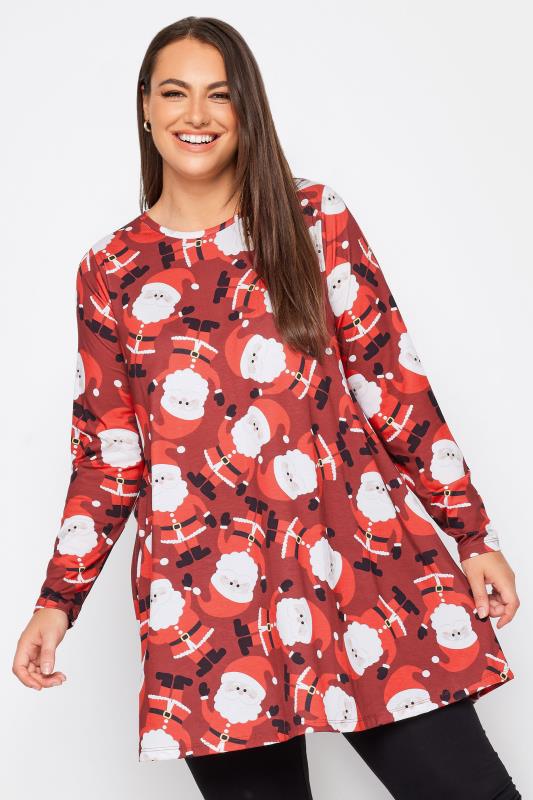 YOURS Plus Size Red Santa Print Christmas Tunic Top | Yours Clothing 1