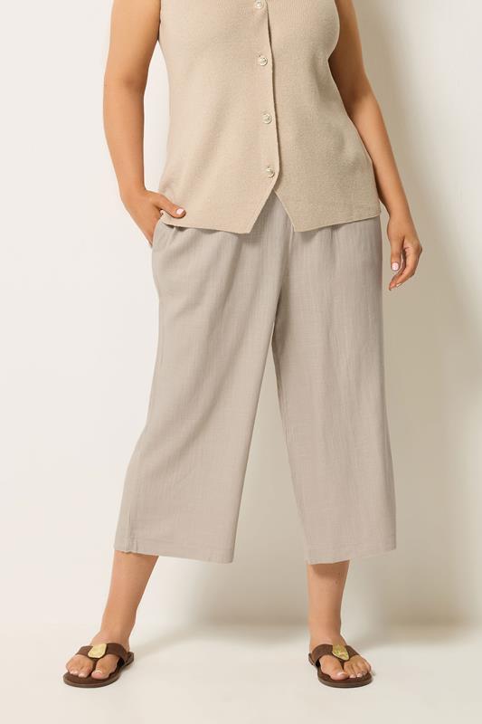 YOURS Plus Size Natural Brown Cropped Wide Leg Linen Trousers | Yours Clothing 1