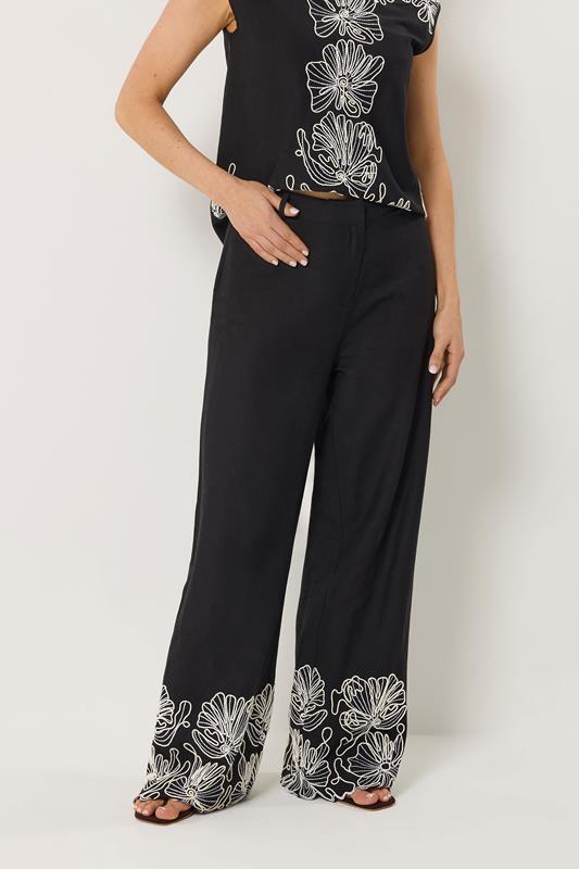 LTS Tall Women's Black Floral Embroidered Linen Wide Leg Trousers | Long Tall Sally 2