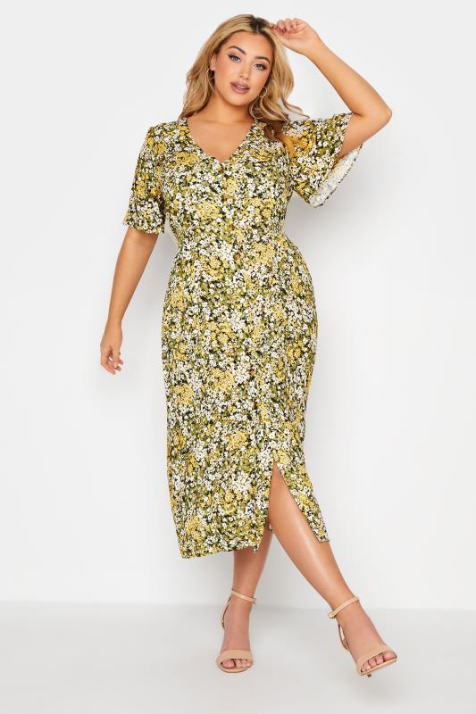 YOURS LONDON Curve Green Floral Button Through Midi Dress_A.jpg