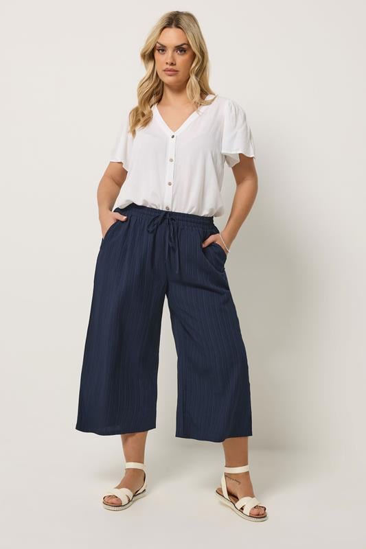 YOURS Plus Size Navy Blue Textured Cropped Trouser  1