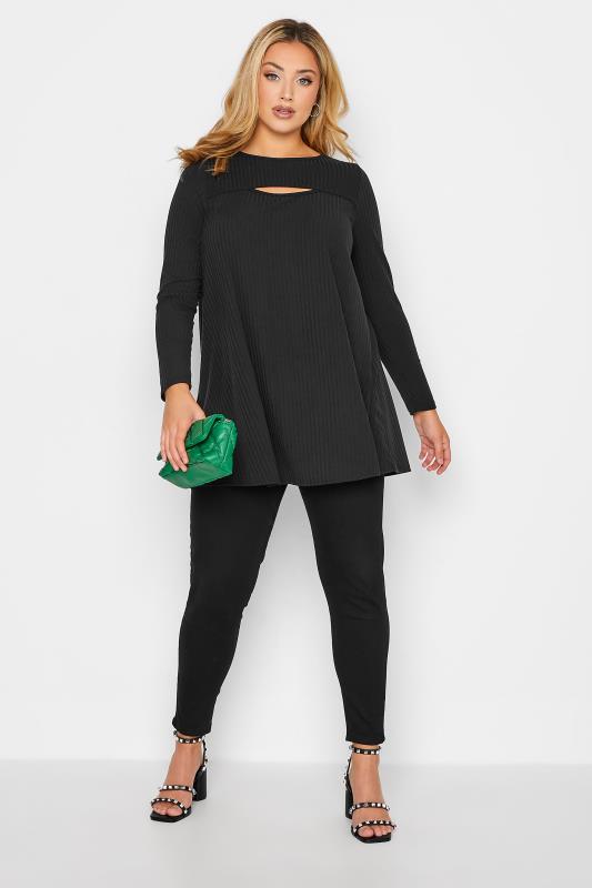 Curve Plus Size Black Long Sleeve Ribbed Cut Out Top | Yours Clothing 2
