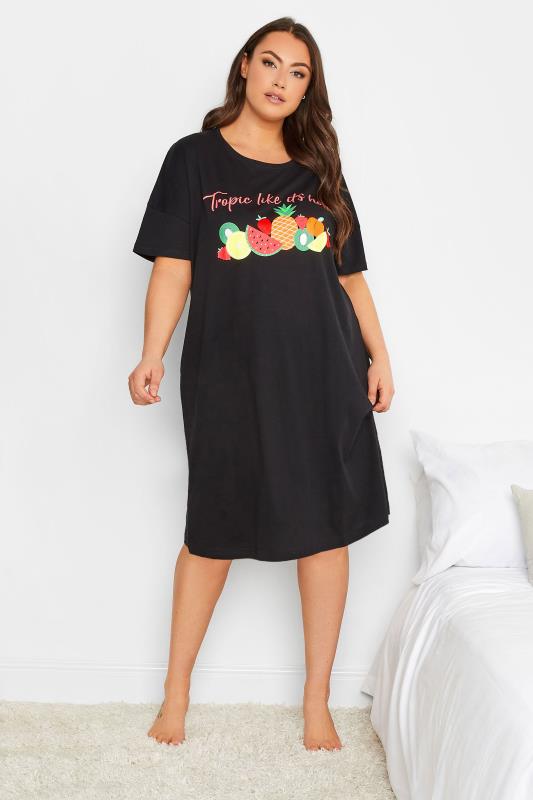 Plus Size  YOURS Curve Black 'Tropic Like It's Hot' Fruit Print Sleep Tee Nightdress