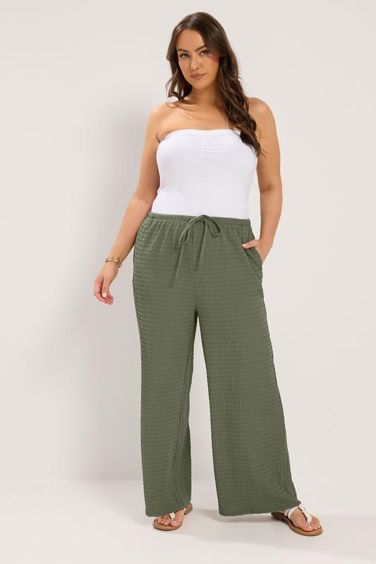 YOURS Plus Size Khaki Green Wide Leg Crinkle Trousers | Yours Clothing 1