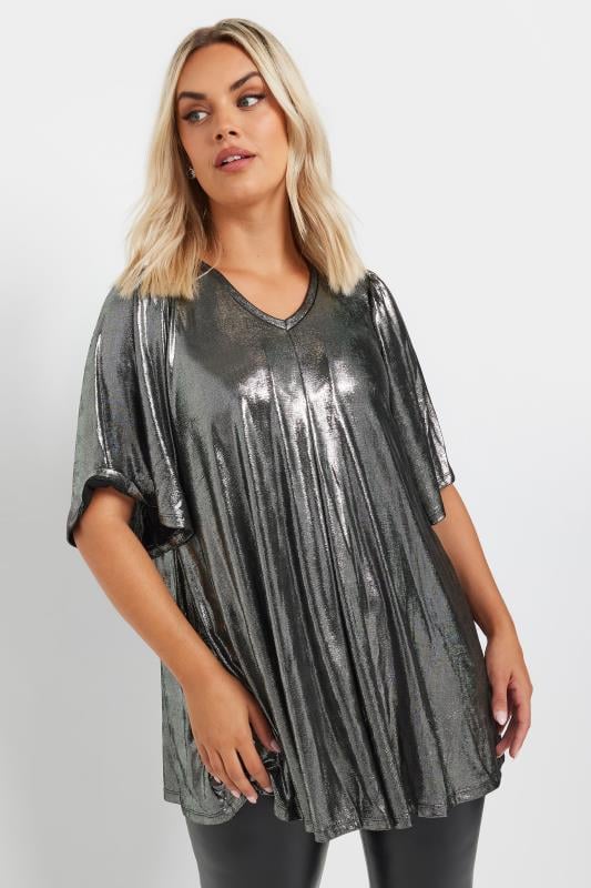 YOURS Plus Size Dark Grey Foil Pleated Swing Top | Yours Clothing 1