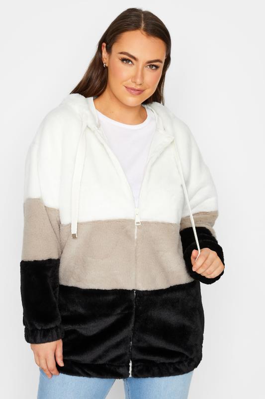 YOURS LUXURY Plus Size Black Colour Block Faux Fur Hooded Coat | Yours Clothing 1