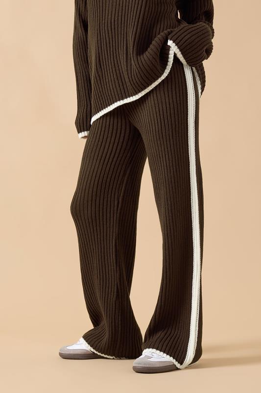 PixieGirl Petite Women's Chocolate Brown Knitted Side Stripe Trousers | PixieGirl 1