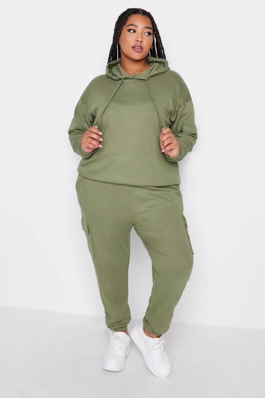 YOURS Plus Size Khaki Green Ribbed Cargo Hoodie | Yours Clothing 2