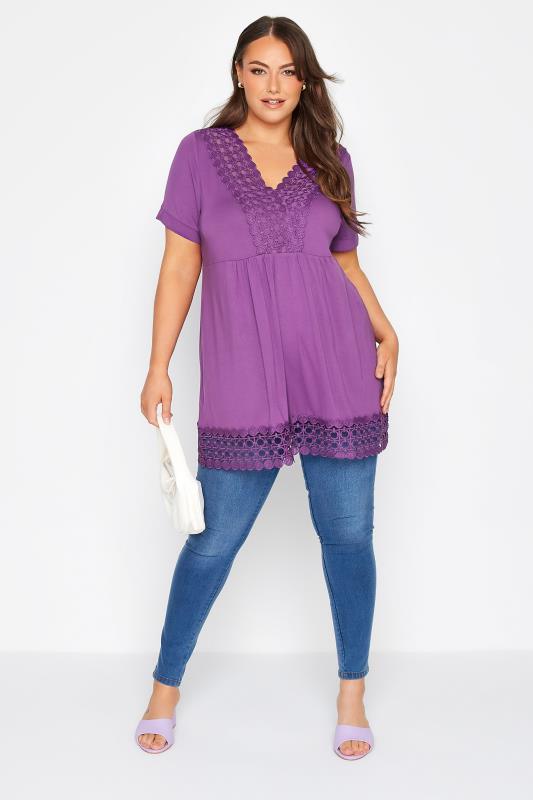 Plus Size Purple Crochet Detail Peplum Tunic Top | Yours Clothing  2