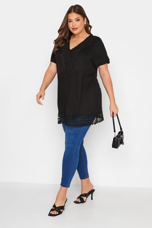 Plus Size Black Crochet Detail Peplum Tunic Top | Yours Clothing 2