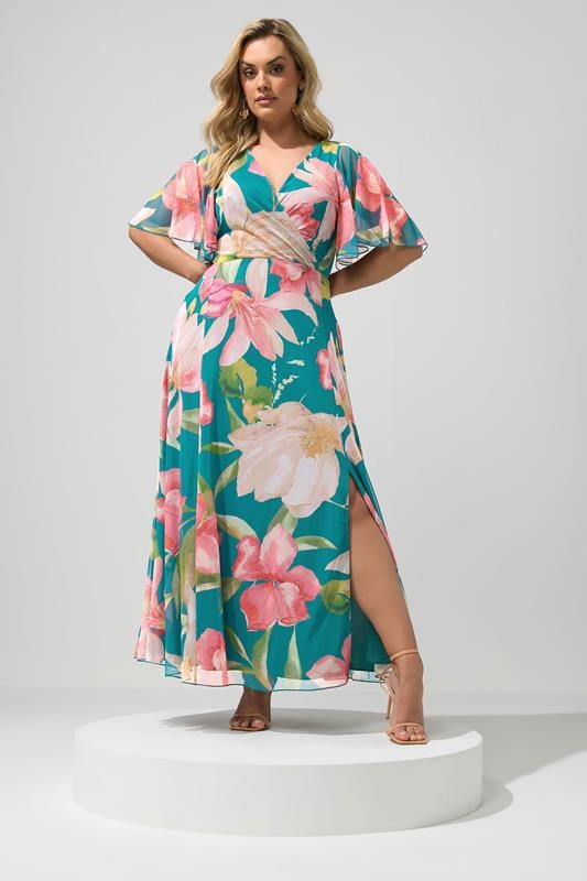  YOURS – Gewickeltes Maxikleid in Blaugrün mit Blumenmuster 