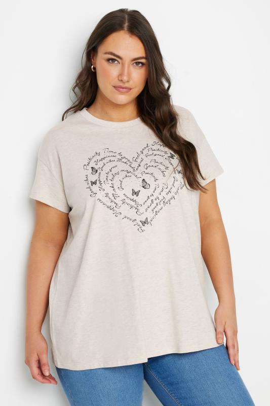 YOURS Plus Size Natural Brown Positivity Heart Print T-Shirt | Yours Clothing  1