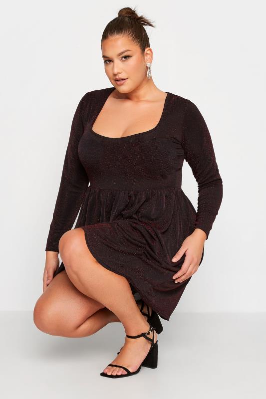 LIMITED COLLECTION Plus Size Black & Red Glitter Sweetheart Neck Dress | Yours Clothing 4