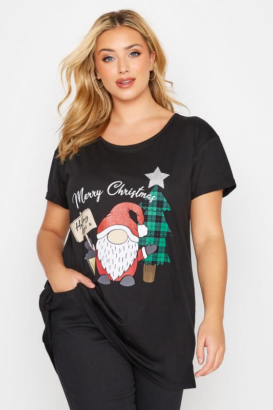  Curve Black 'Holiday Hugs' Glitter Slogan Christmas T-Shirt