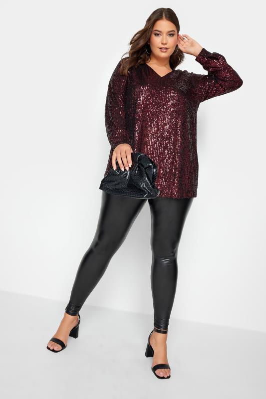 YOURS LONDON Plus Size Wine Red Sequin Embellished Long Sleeve Top | Yours Clothing 2