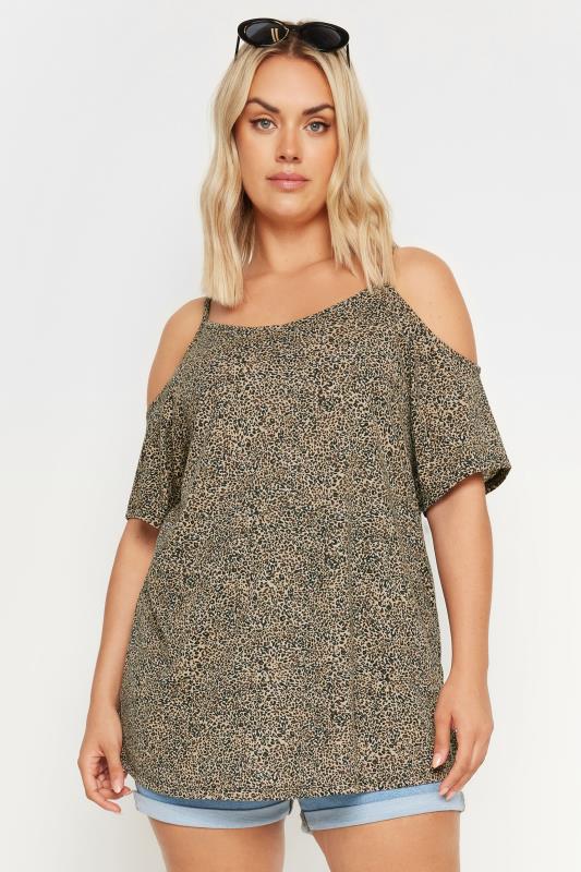 YOURS Plus Size Brown Leopard Print Cold Shoulder Top | Yours Clothing 1