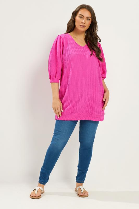 YOURS Plus Size Pink Textured Balloon Sleeve Top | Yours Clothing 1
