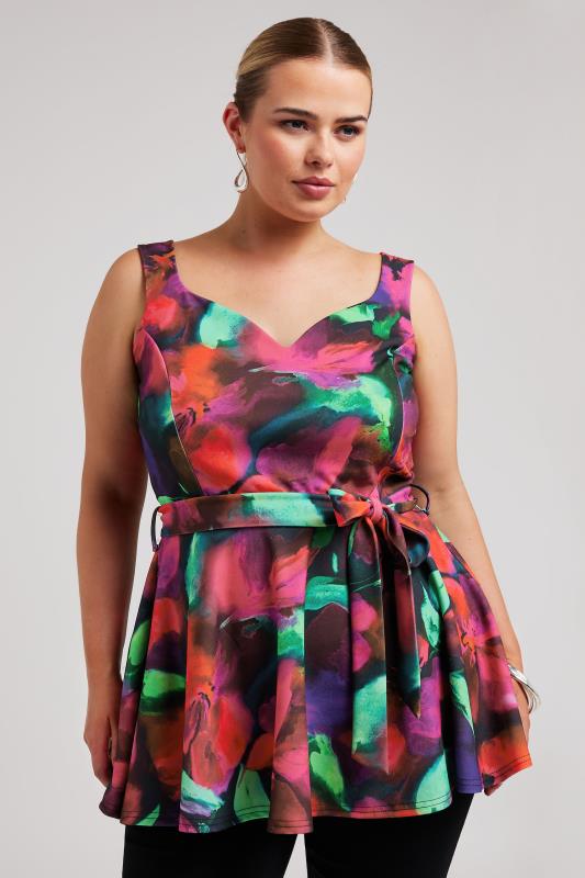 YOURS LONDON Plus Size Pink Abstract Floral Print Sleeveless Peplum Top | Yours Clothing 4