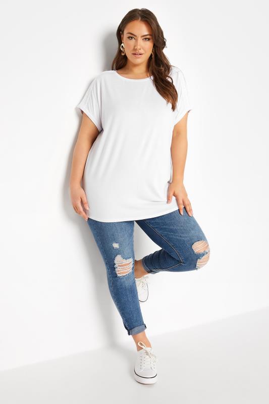 Plus Size White Crochet Shoulder T-Shirt | Yours Clothing 2