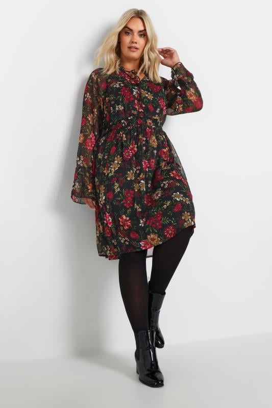  YOURS Curve Black & Red Floral Print Chiffon Tie Neck Dress