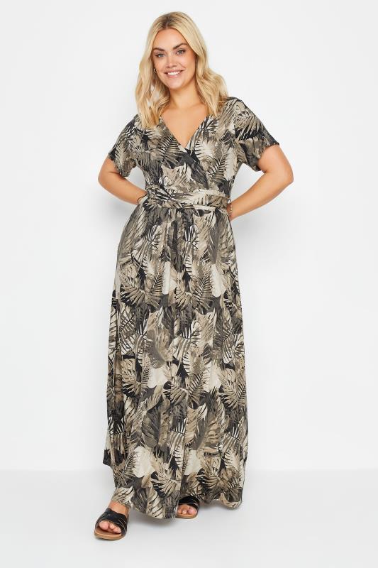 Plus Size  YOURS Curve Brown & Green Leaf Print Wrap Maxi Dress